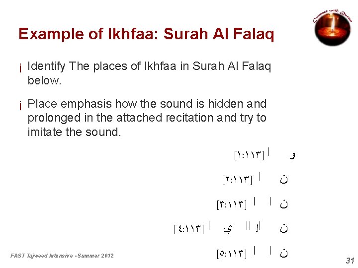 Example of Ikhfaa: Surah Al Falaq ¡ Identify The places of Ikhfaa in Surah