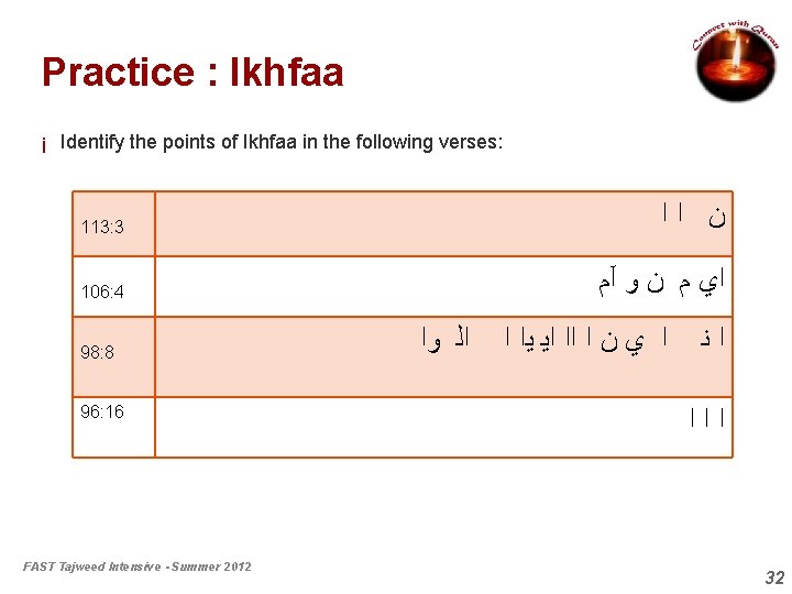 Practice : Ikhfaa ¡ Identify the points of Ikhfaa in the following verses: 113: