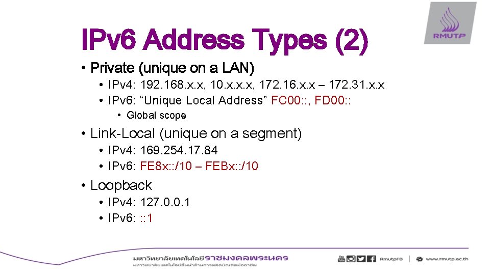 IPv 6 Address Types (2) • Private (unique on a LAN) • IPv 4: