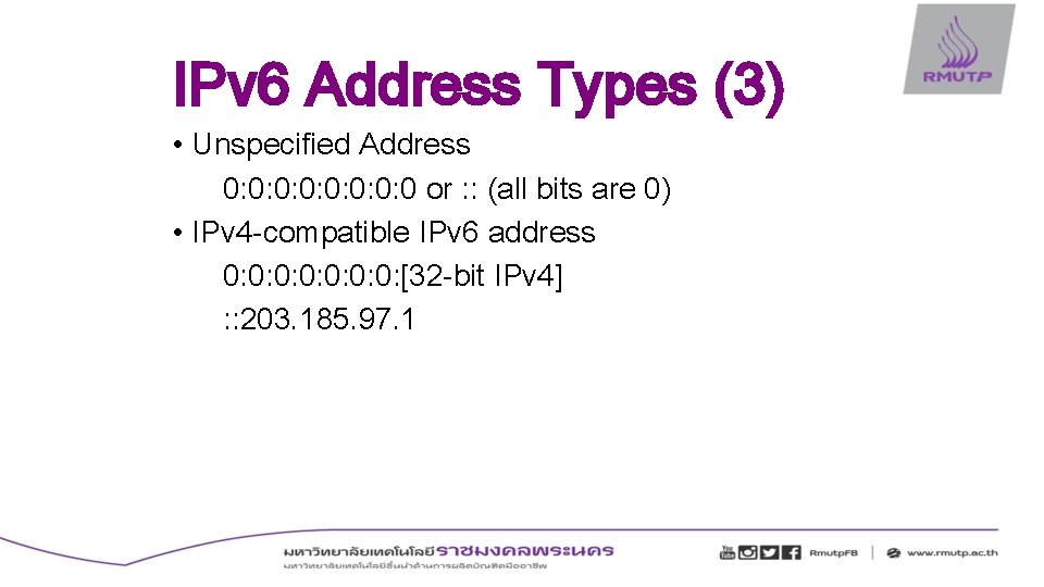 IPv 6 Address Types (3) • Unspecified Address 0: 0: 0 or : :