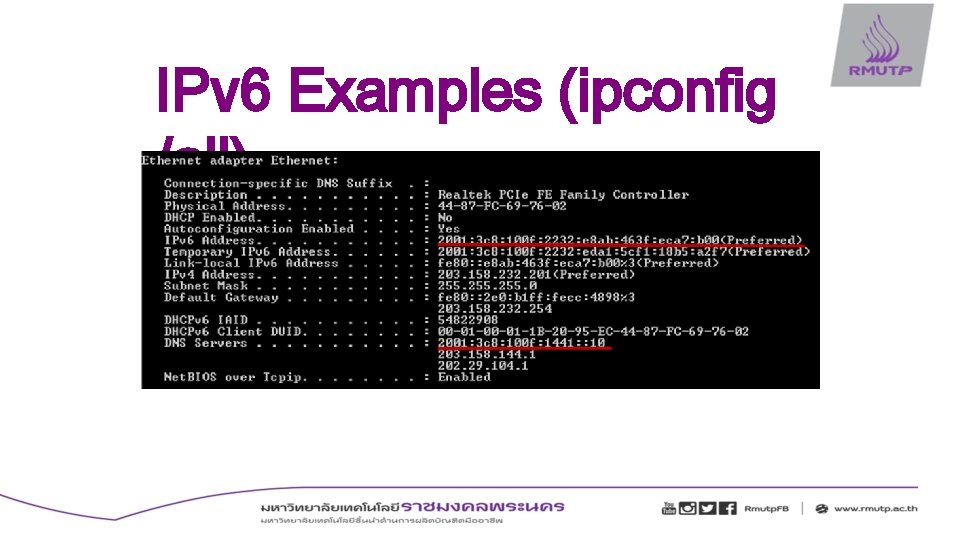 IPv 6 Examples (ipconfig /all) 