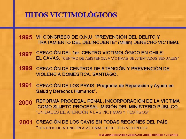 HITOS VICTIMOLÓGICOS 1985 VII CONGRESO DE O. N. U. “PREVENCIÓN DELITO Y TRATAMIENTO DELINCUENTE”