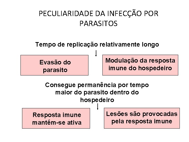 PECULIARIDADE DA INFECÇÃO POR PARASITOS Tempo de replicação relativamente longo Evasão do parasito Modulação