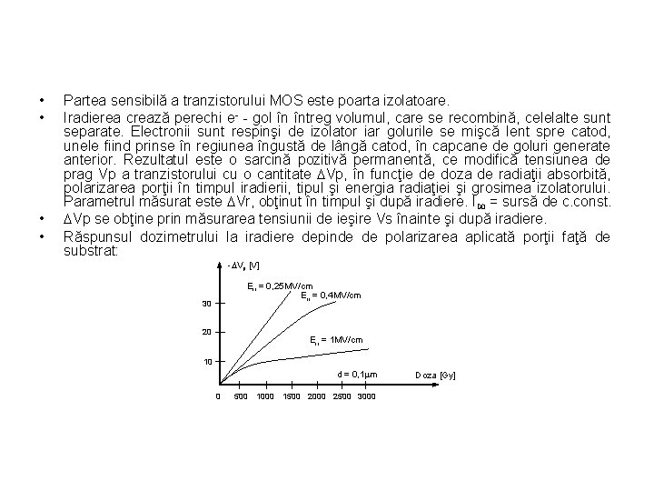  • • Partea sensibilă a tranzistorului MOS este poarta izolatoare. Iradierea crează perechi