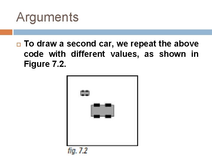 Arguments To draw a second car, we repeat the above code with different values,