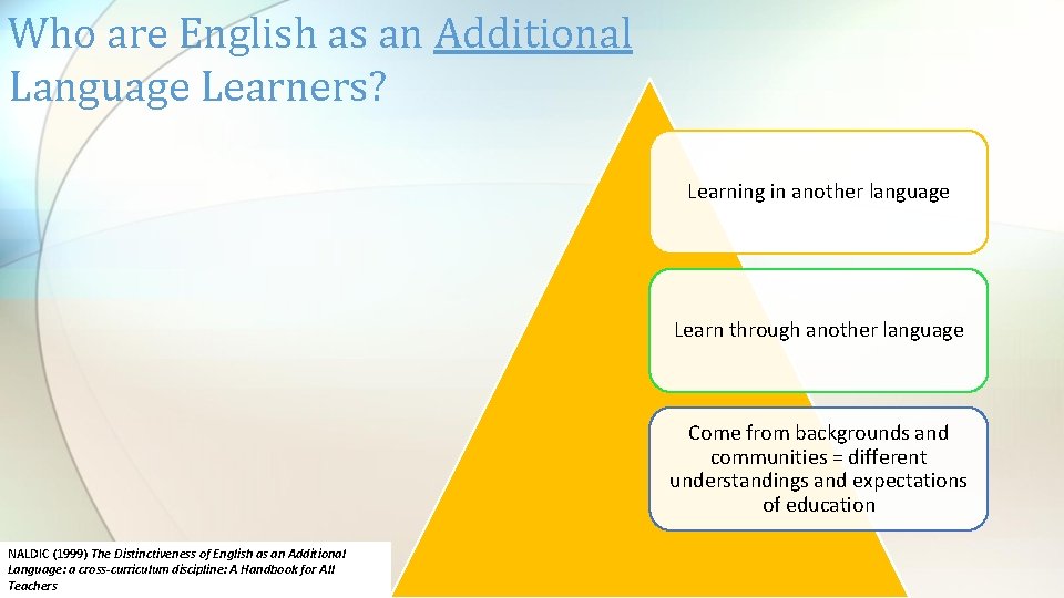 Who are English as an Additional Language Learners? Learning in another language Learn through