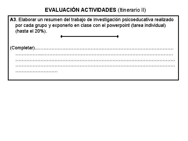 EVALUACIÓN ACTIVIDADES (Itinerario II) A 3. Elaborar un resumen del trabajo de investigación psicoeducativa