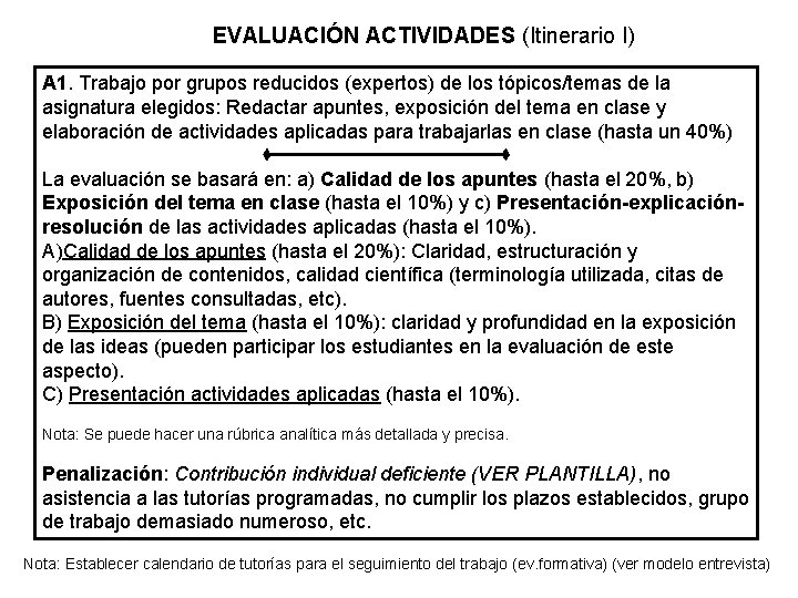 EVALUACIÓN ACTIVIDADES (Itinerario I) A 1. Trabajo por grupos reducidos (expertos) de los tópicos/temas