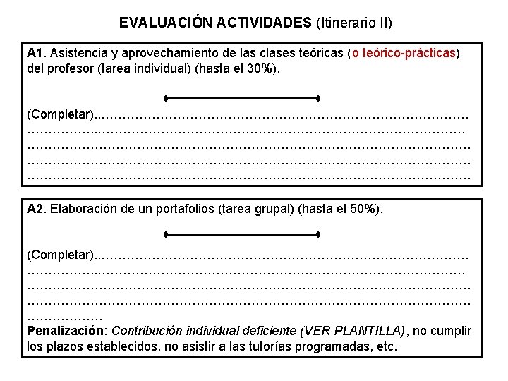 EVALUACIÓN ACTIVIDADES (Itinerario II) A 1. Asistencia y aprovechamiento de las clases teóricas (o