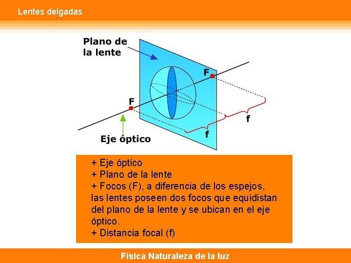 Lentes delgadas + Eje óptico + Plano de la lente + Focos (F), a