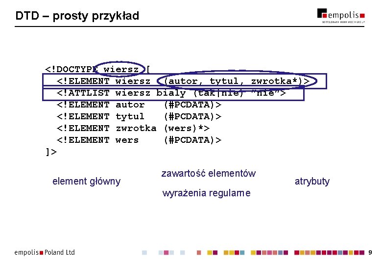 DTD – prosty przykład <!DOCTYPE wiersz [ <!ELEMENT wiersz (autor, tytul, zwrotka*)> <!ATTLIST wiersz DTD – prosty przykład <!DOCTYPE wiersz [ <!ELEMENT wiersz (autor, tytul, zwrotka*)> <!ATTLIST wiersz