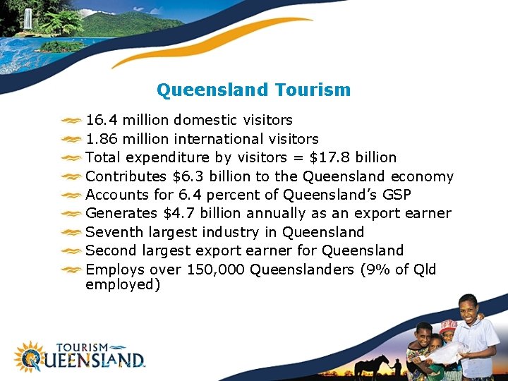 Queensland Tourism 16. 4 million domestic visitors 1. 86 million international visitors Total expenditure