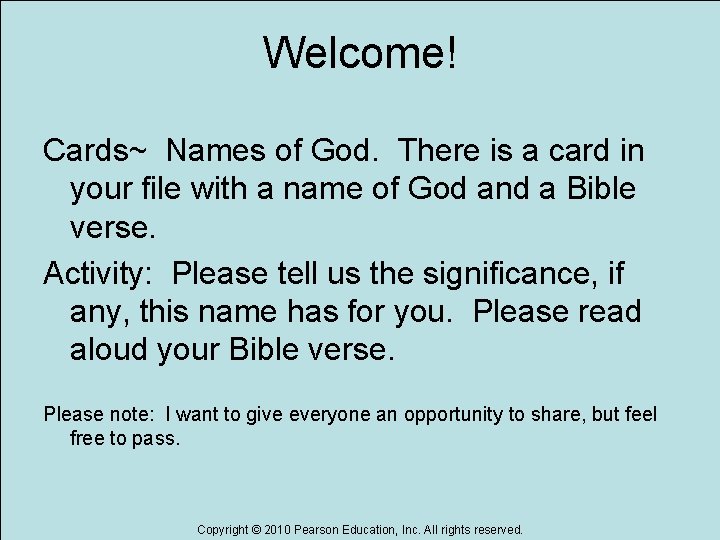 Welcome! Cards~ Names of God. There is a card in your file with a