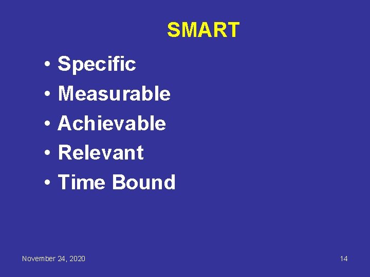 SMART • • • Specific Measurable Achievable Relevant Time Bound November 24, 2020 14