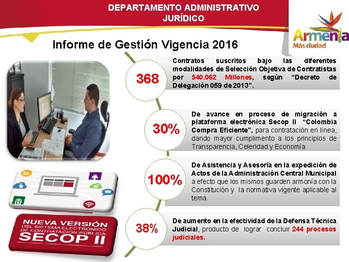 DEPARTAMENTO ADMINISTRATIVO JURÍDICO Informe de Gestión Vigencia 2016 368 Contratos suscritos bajo las diferentes