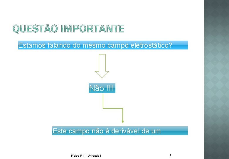 Estamos falando do mesmo campo eletrostático? Não !!! Este campo não é derivável de