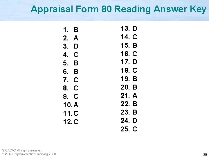 Appraisal Form 80 Reading Answer Key 1. B 2. A 3. D 4. C