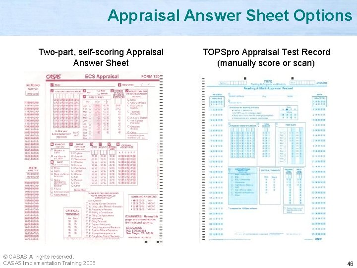 Appraisal Answer Sheet Options Two-part, self-scoring Appraisal Answer Sheet © CASAS All rights reserved.