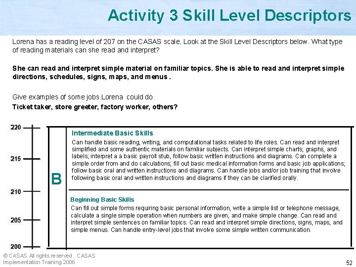 Activity 3 Skill Level Descriptors Lorena has a reading level of 207 on the