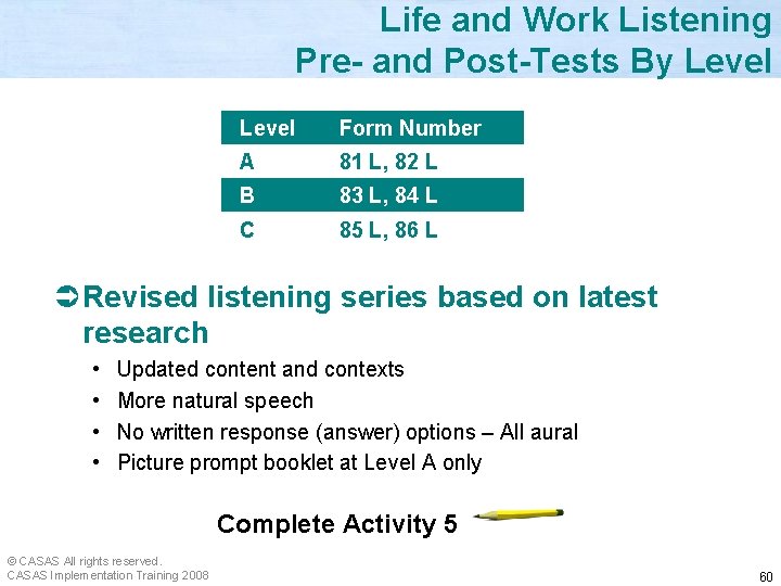 Life and Work Listening Pre- and Post-Tests By Level Form Number A 81 L,