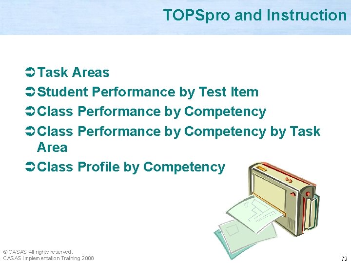 TOPSpro and Instruction Ü Task Areas Ü Student Performance by Test Item Ü Class