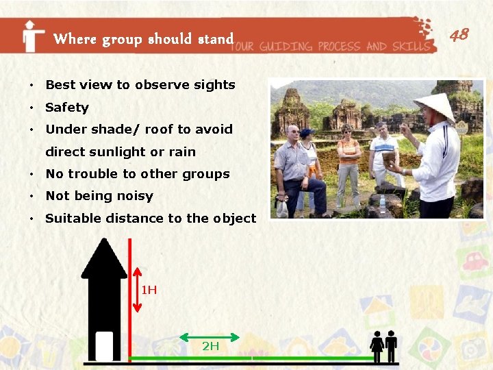 Where group should stand • Best view to observe sights • Safety • Under