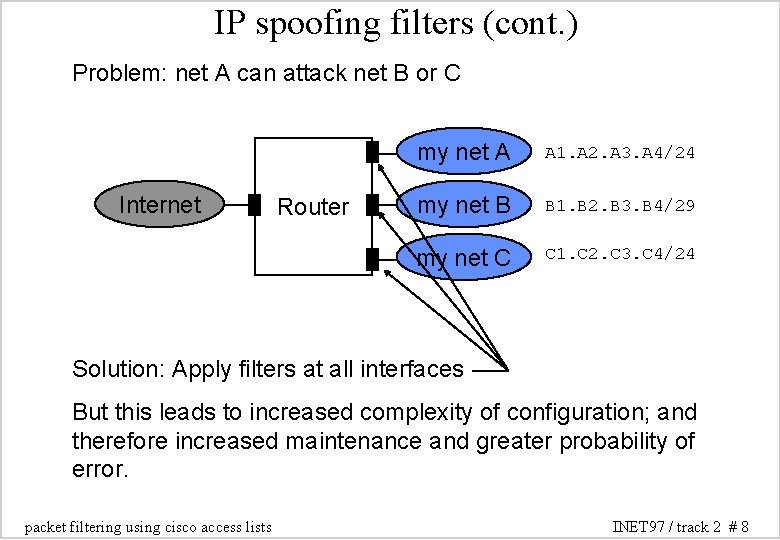 IP spoofing filters (cont. ) Problem: net A can attack net B or C IP spoofing filters (cont. ) Problem: net A can attack net B or C