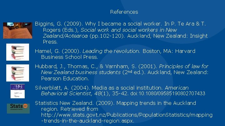 References Biggins, G. (2009). Why I became a social worker. In P. Te Ara