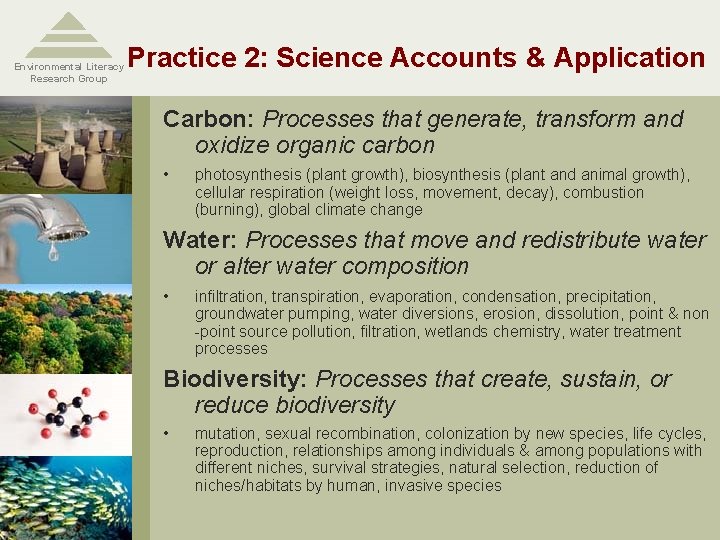 Environmental Literacy Research Group Practice 2: Science Accounts & Application Carbon: Processes that generate,