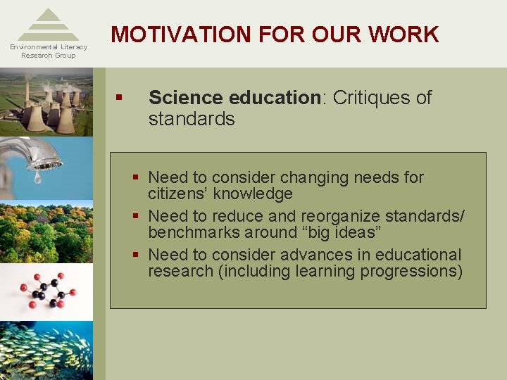 Environmental Literacy Research Group MOTIVATION FOR OUR WORK § Science education: Critiques of standards