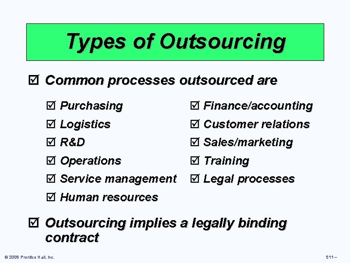 Types of Outsourcing þ Common processes outsourced are þ Purchasing þ Logistics þ Finance/accounting Types of Outsourcing þ Common processes outsourced are þ Purchasing þ Logistics þ Finance/accounting