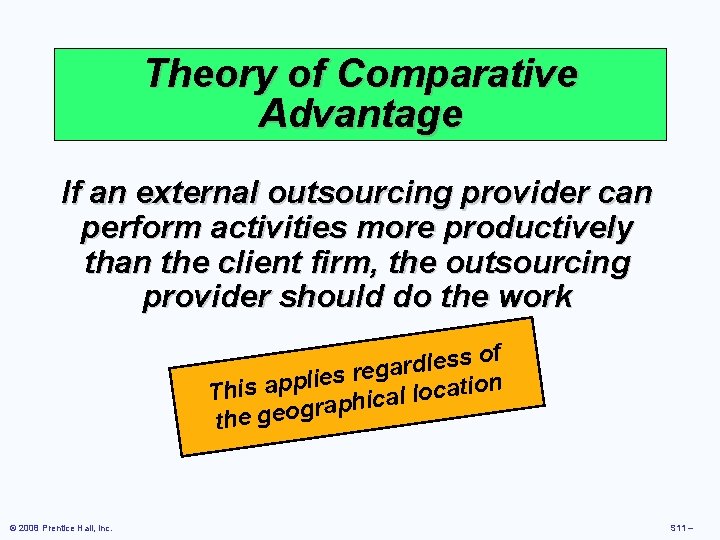 Theory of Comparative Advantage If an external outsourcing provider can perform activities more productively Theory of Comparative Advantage If an external outsourcing provider can perform activities more productively