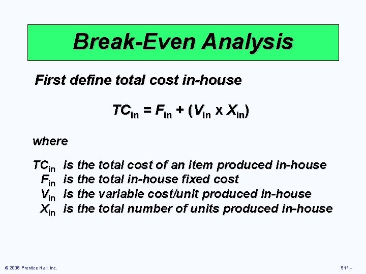 Break-Even Analysis First define total cost in-house TCin = Fin + (Vin x Xin) Break-Even Analysis First define total cost in-house TCin = Fin + (Vin x Xin)