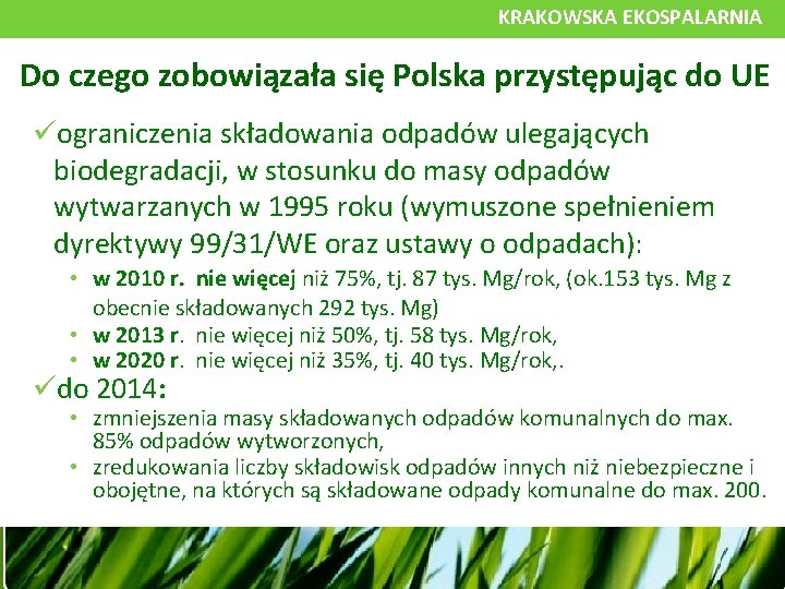 KRAKOWSKA EKOSPALARNIA Do czego zobowiązała się Polska przystępując do UE ograniczenia składowania odpadów ulegających