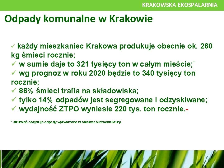 KRAKOWSKA EKOSPALARNIA Odpady komunalne w Krakowie każdy mieszkaniec Krakowa produkuje obecnie ok. 260 kg
