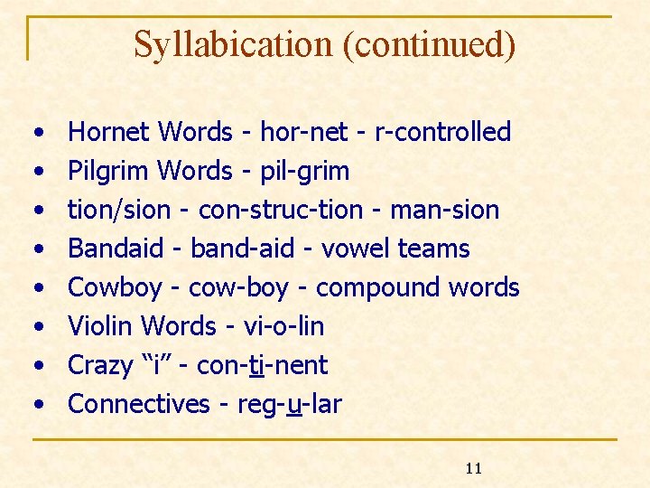 Syllabication (continued) • • Hornet Words - hor-net - r-controlled Pilgrim Words - pil-grim