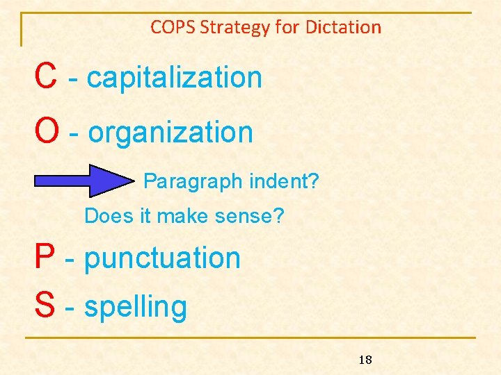  COPS Strategy for Dictation C - capitalization O - organization Paragraph indent? Does
