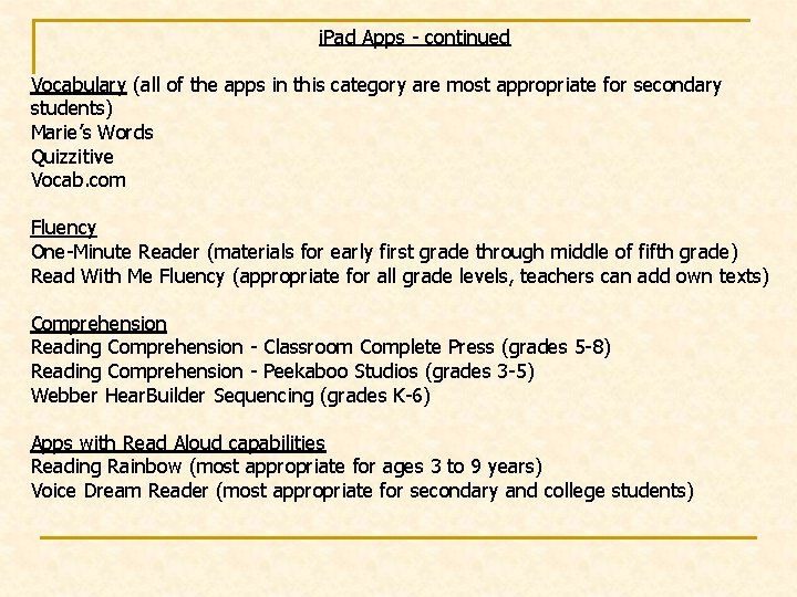 i. Pad Apps - continued Vocabulary (all of the apps in this category are