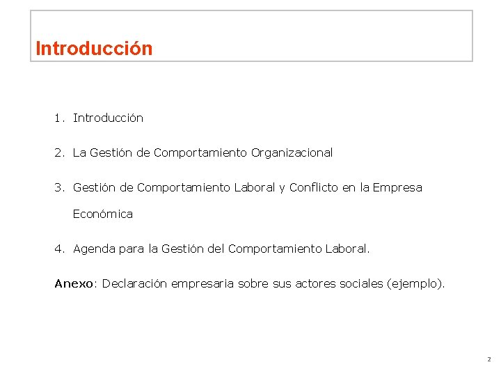 Introducción 1. Introducción 2. La Gestión de Comportamiento Organizacional 3. Gestión de Comportamiento Laboral