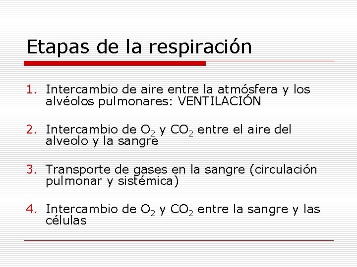 Etapas de la respiración 1. Intercambio de aire entre la atmósfera y los alvéolos