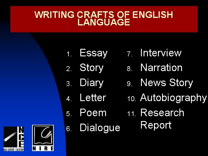 WRITING CRAFTS OF ENGLISH LANGUAGE 1. 2. 3. 4. 5. 6. Essay Story Diary