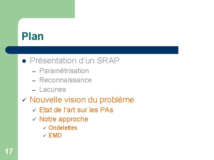 Plan l Présentation d’un SRAP – – – ü Paramétrisation Reconnaissance Lacunes Nouvelle vision