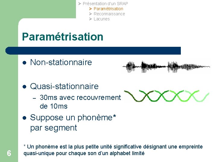 Ø Présentation d’un SRAP Ø Paramétrisation Ø Reconnaissance Ø Lacunes Paramétrisation l Non-stationnaire l