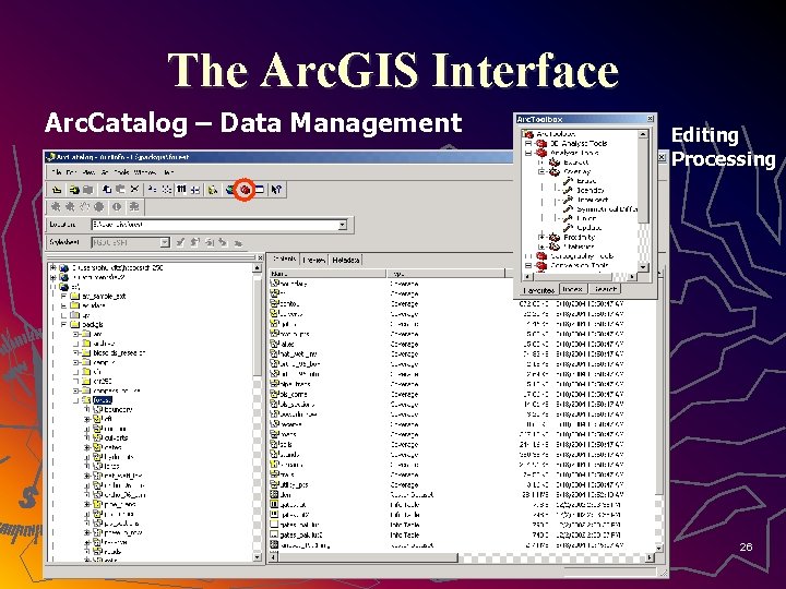 The Arc. GIS Interface Arc. Catalog – Data Management Editing Processing 26 