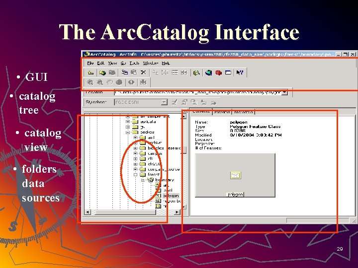 The Arc. Catalog Interface • GUI • catalog tree • catalog view • folders