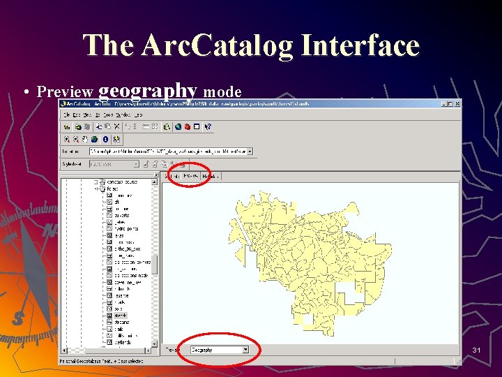 The Arc. Catalog Interface • Preview geography mode 31 