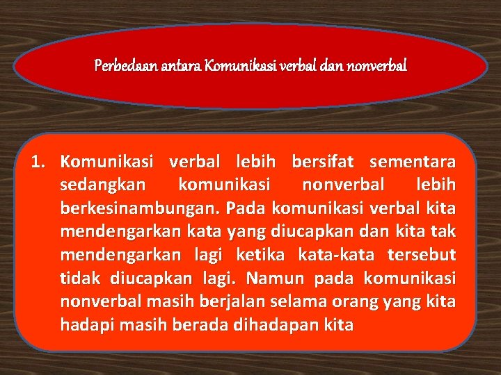 Perbedaan antara Komunikasi verbal dan nonverbal 1. Komunikasi verbal lebih bersifat sementara sedangkan komunikasi