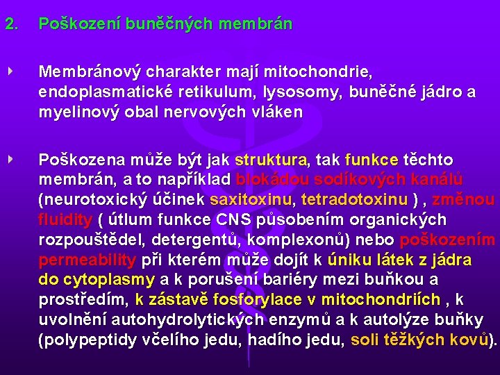 2. Poškození buněčných membrán Membránový charakter mají mitochondrie, endoplasmatické retikulum, lysosomy, buněčné jádro a