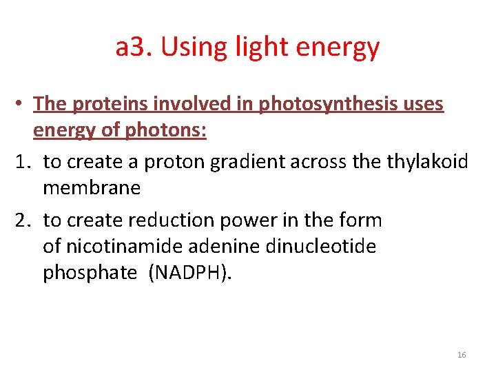 a 3. Using light energy • The proteins involved in photosynthesis uses energy of a 3. Using light energy • The proteins involved in photosynthesis uses energy of