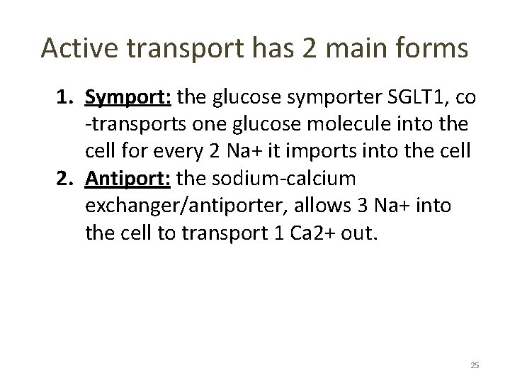 Active transport has 2 main forms 1. Symport: the glucose symporter SGLT 1, co Active transport has 2 main forms 1. Symport: the glucose symporter SGLT 1, co
